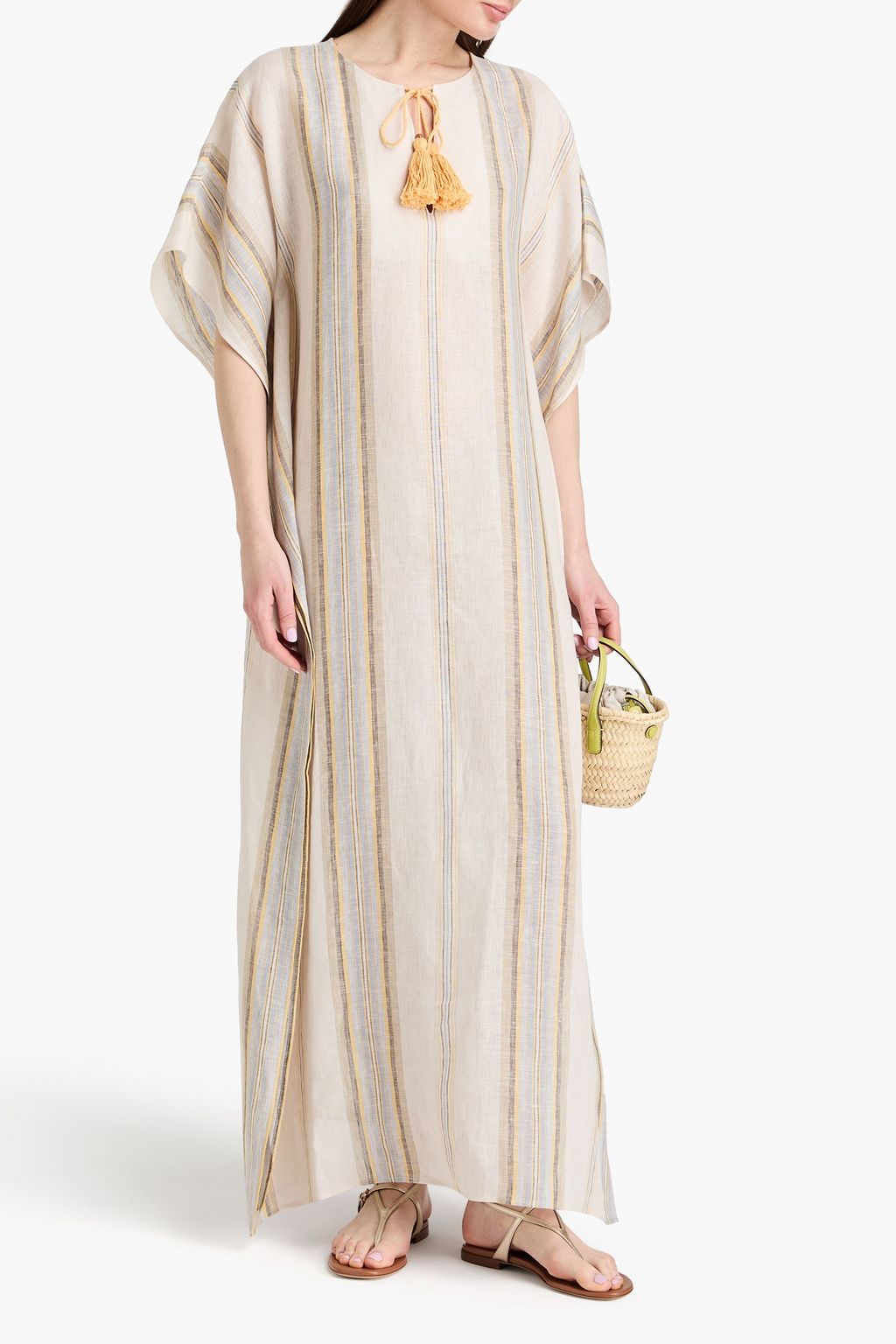 TORY BURCH 태슬 장식 스트라이프 리넨 카프탄