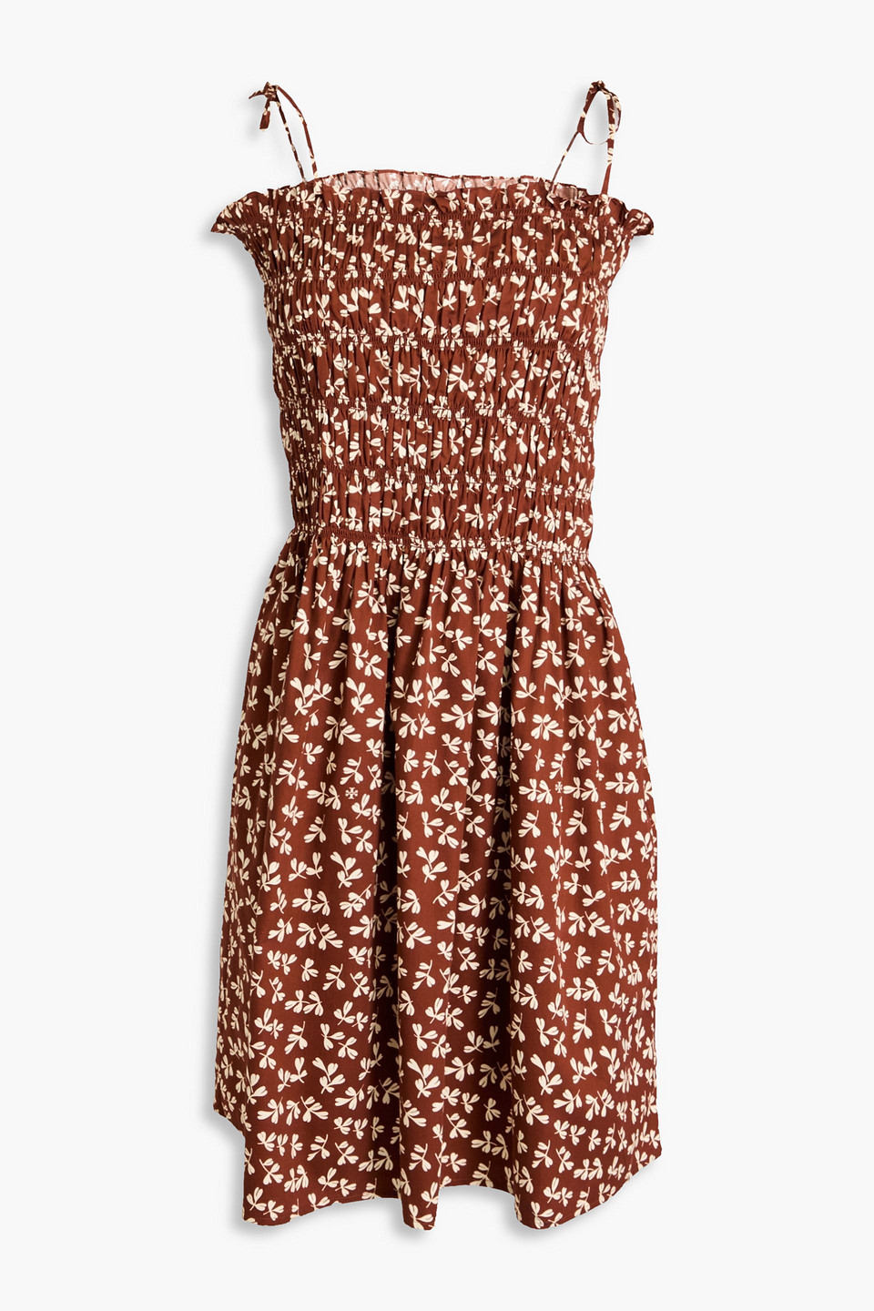Shop Tory Burch Shirred Printed Cotton Mini Dress In Brown