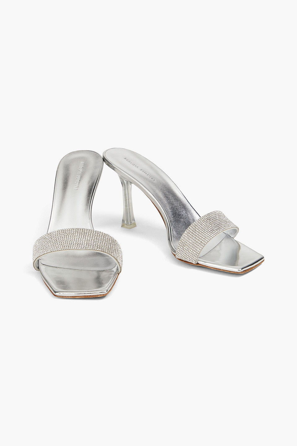 Shop Magda Butrym Crystal-embellished Metallic Suede Mules In Silver