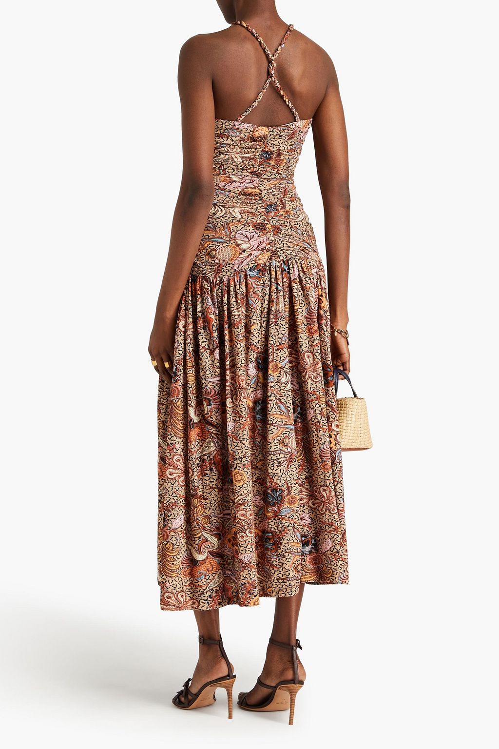 ULLA JOHNSON コットンジャージー ミディワンピース ルーシュ入り フローラルプリント