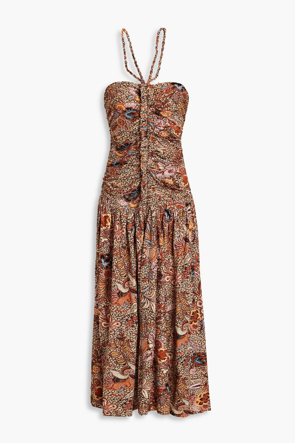 Shop Ulla Johnson Marcella Ruched Floral-print Cotton-jersey Midi Dress In Black