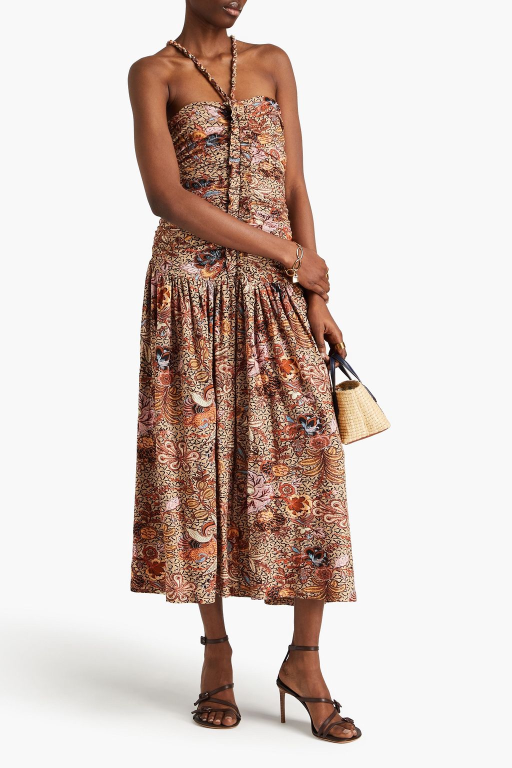 ULLA JOHNSON コットンジャージー ミディワンピース ルーシュ入り フローラルプリント