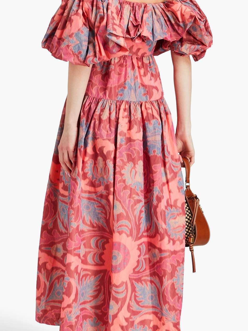 izra cold-shoulder printed taffeta maxi dress