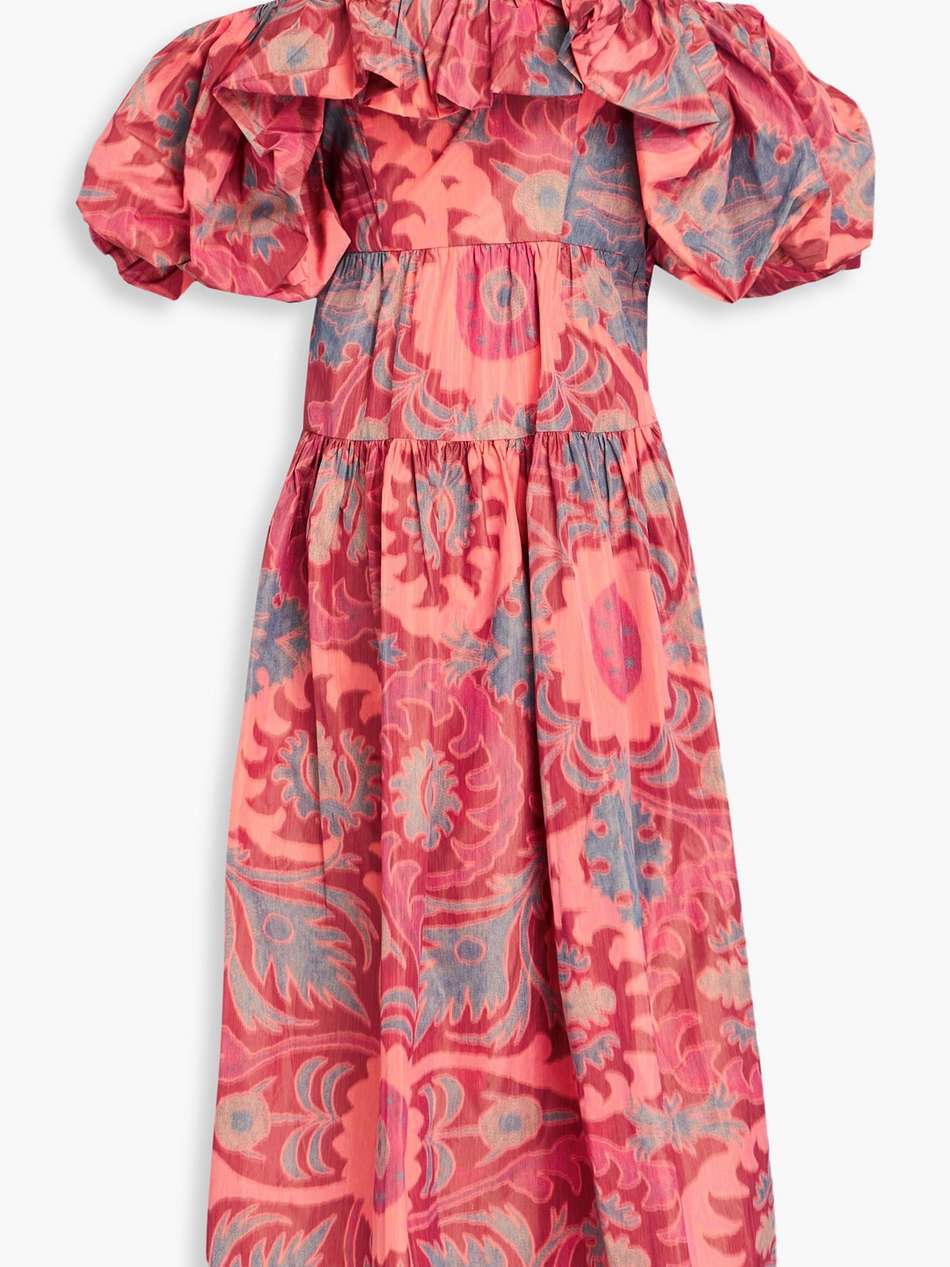 izra cold-shoulder printed taffeta maxi dress