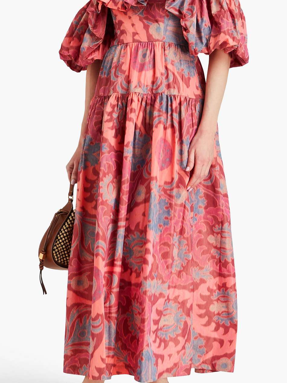 izra cold-shoulder printed taffeta maxi dress