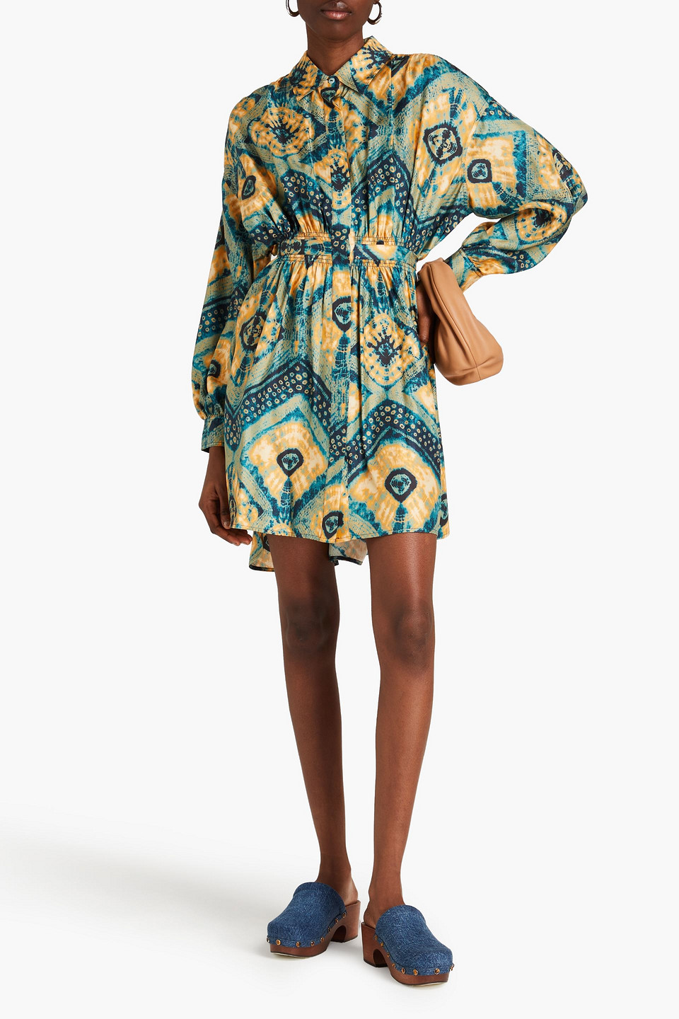 Shop Ulla Johnson Jude Printed Silk-satin Mini Shirt Dress In Saffron