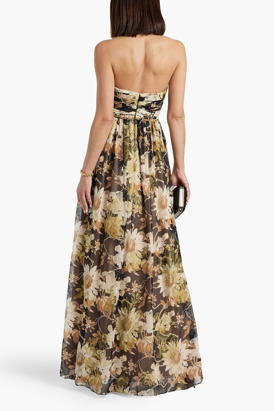 Shop Oscar De La Renta Strapless Floral-print Metallic Fil Coupé Silk-blend Gown In Black