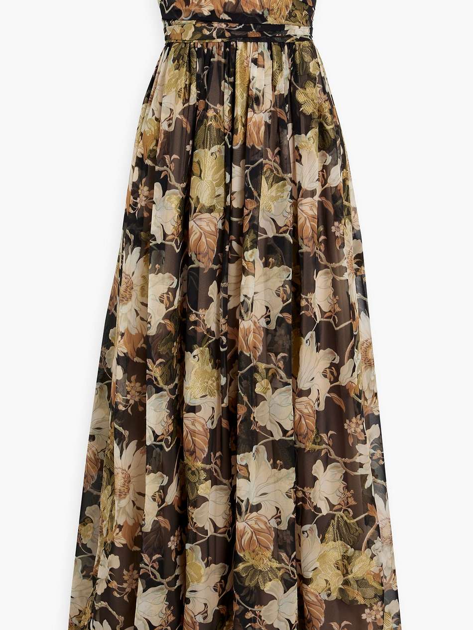 strapless floral-print metallic fil coupé silk-blend gown