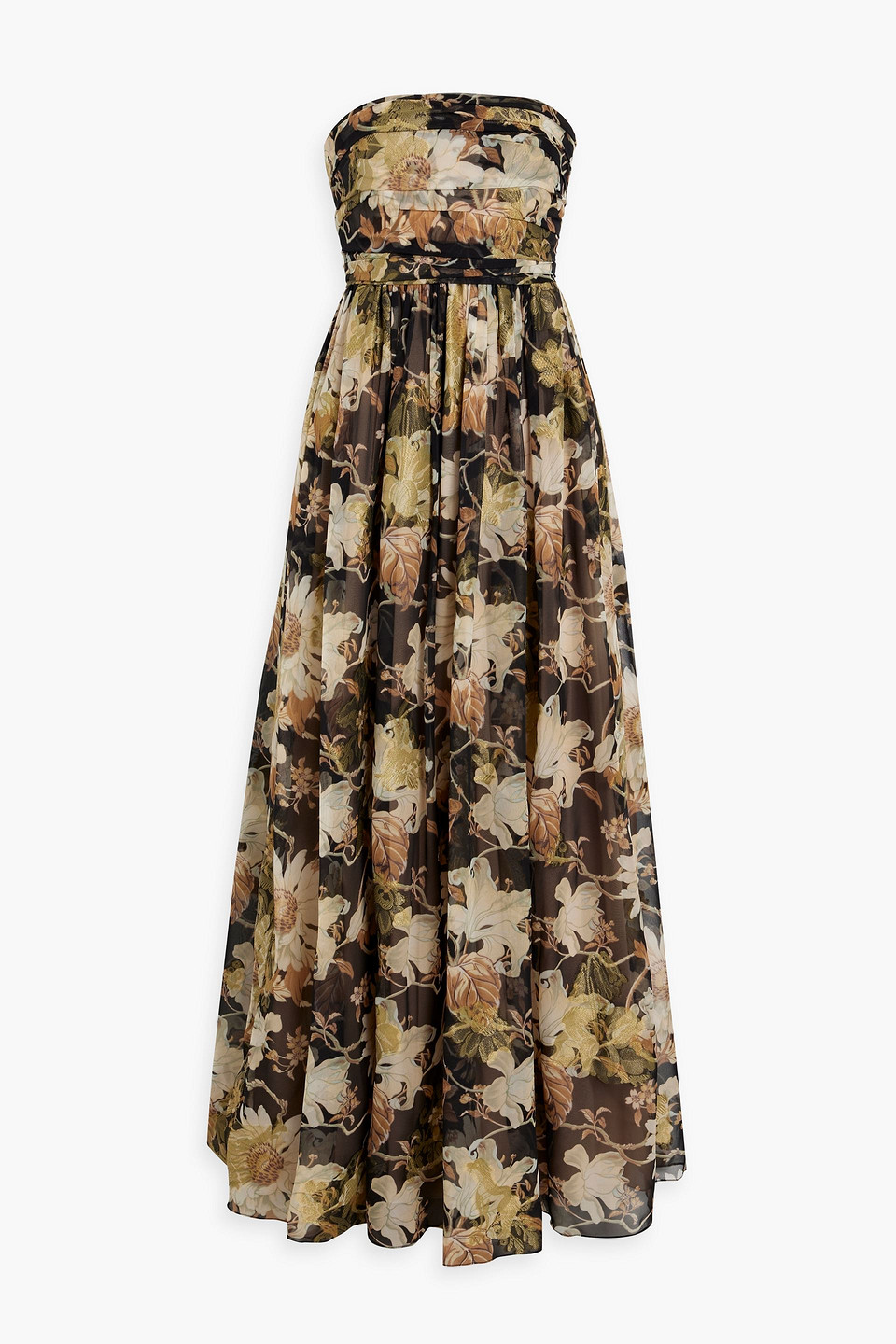 Strapless floral-print metallic fil coupé silk-blend gown