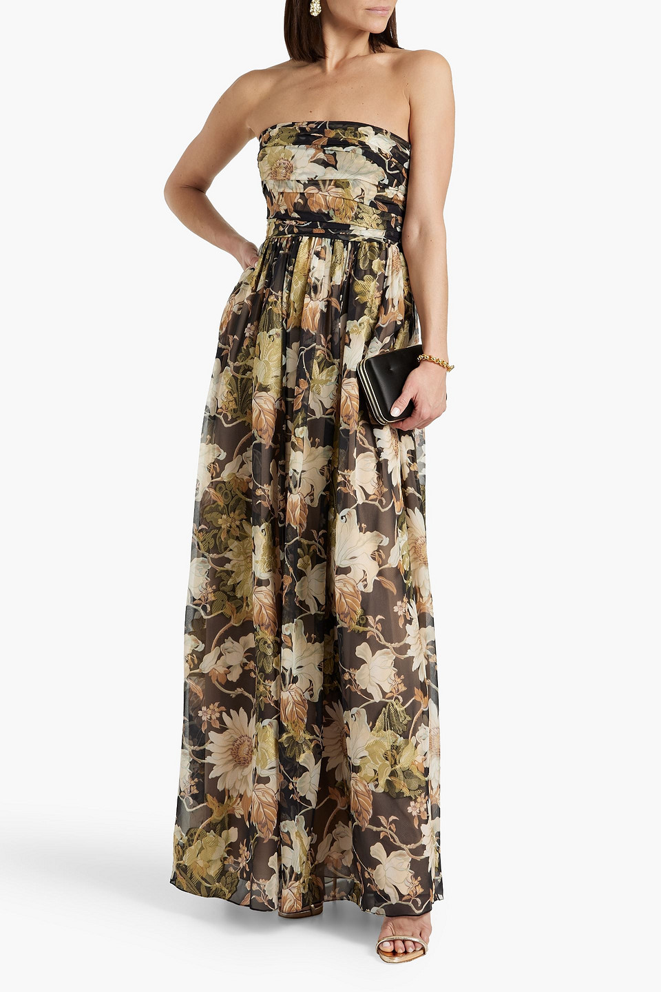 Shop Oscar De La Renta Strapless Floral-print Metallic Fil Coupé Silk-blend Gown In Black