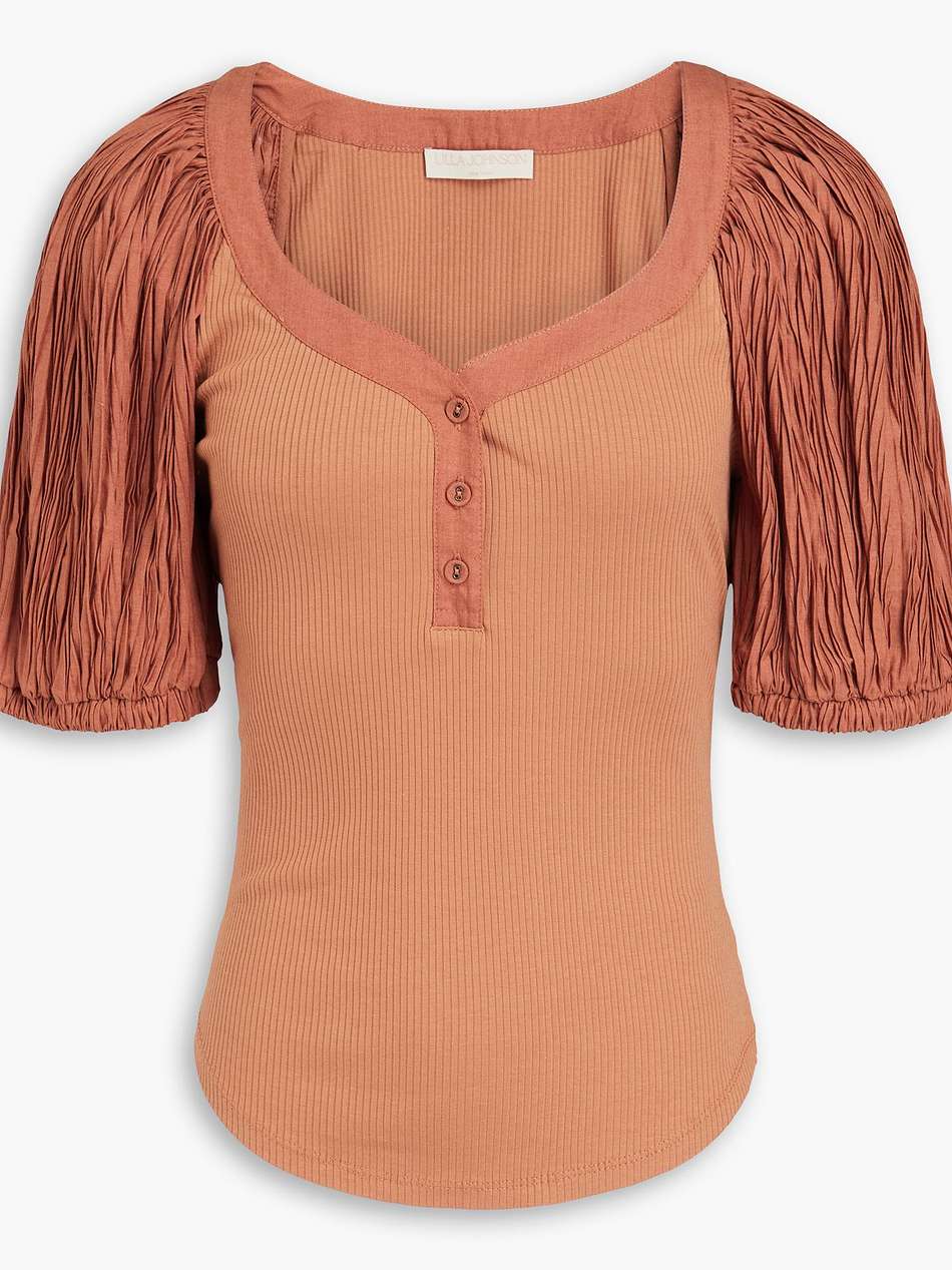 marika plissé-woven and ribbed stretch cotton and modal-blend jersey top