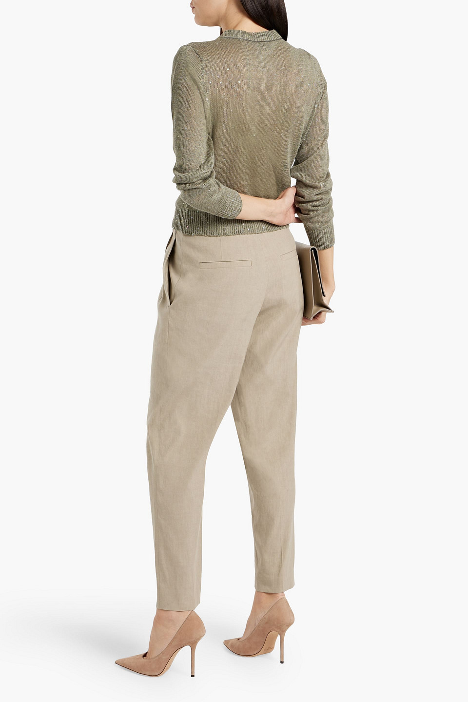 Shop Brunello Cucinelli Bead-embellished Linen-blend Tapered Pants In Neutral