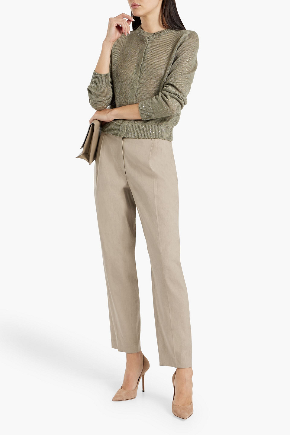 Shop Brunello Cucinelli Bead-embellished Linen-blend Tapered Pants In Neutral