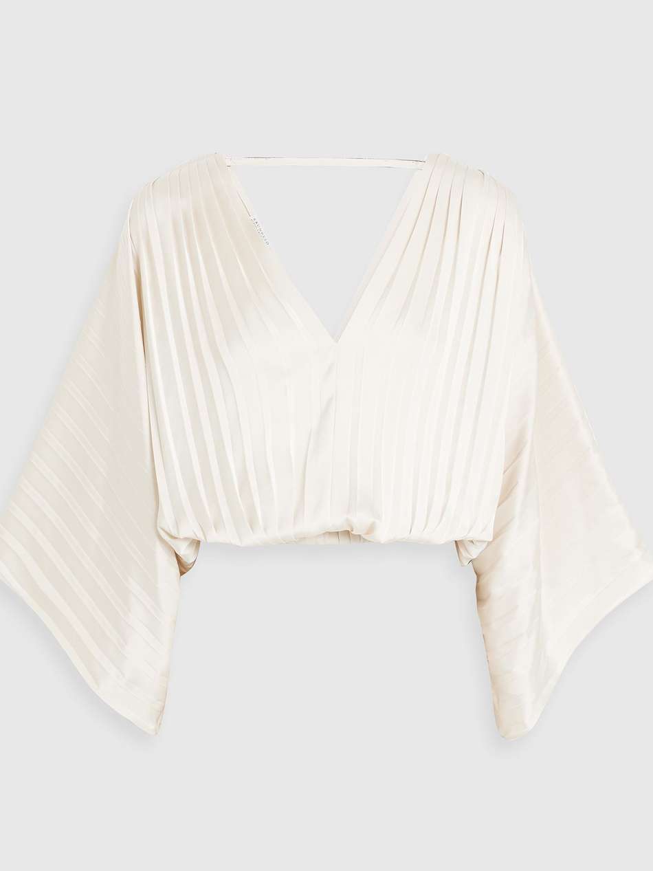 bead-embellished pleated satin blouse
