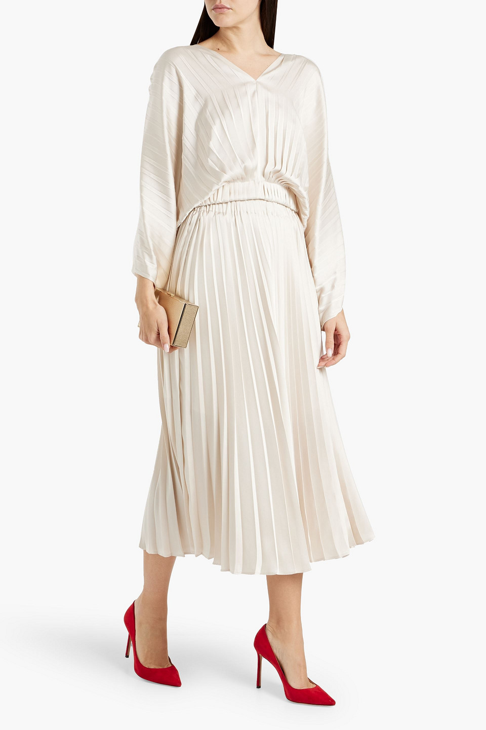 Shop Brunello Cucinelli Bead-embellished Pleated Satin Blouse In Ivory