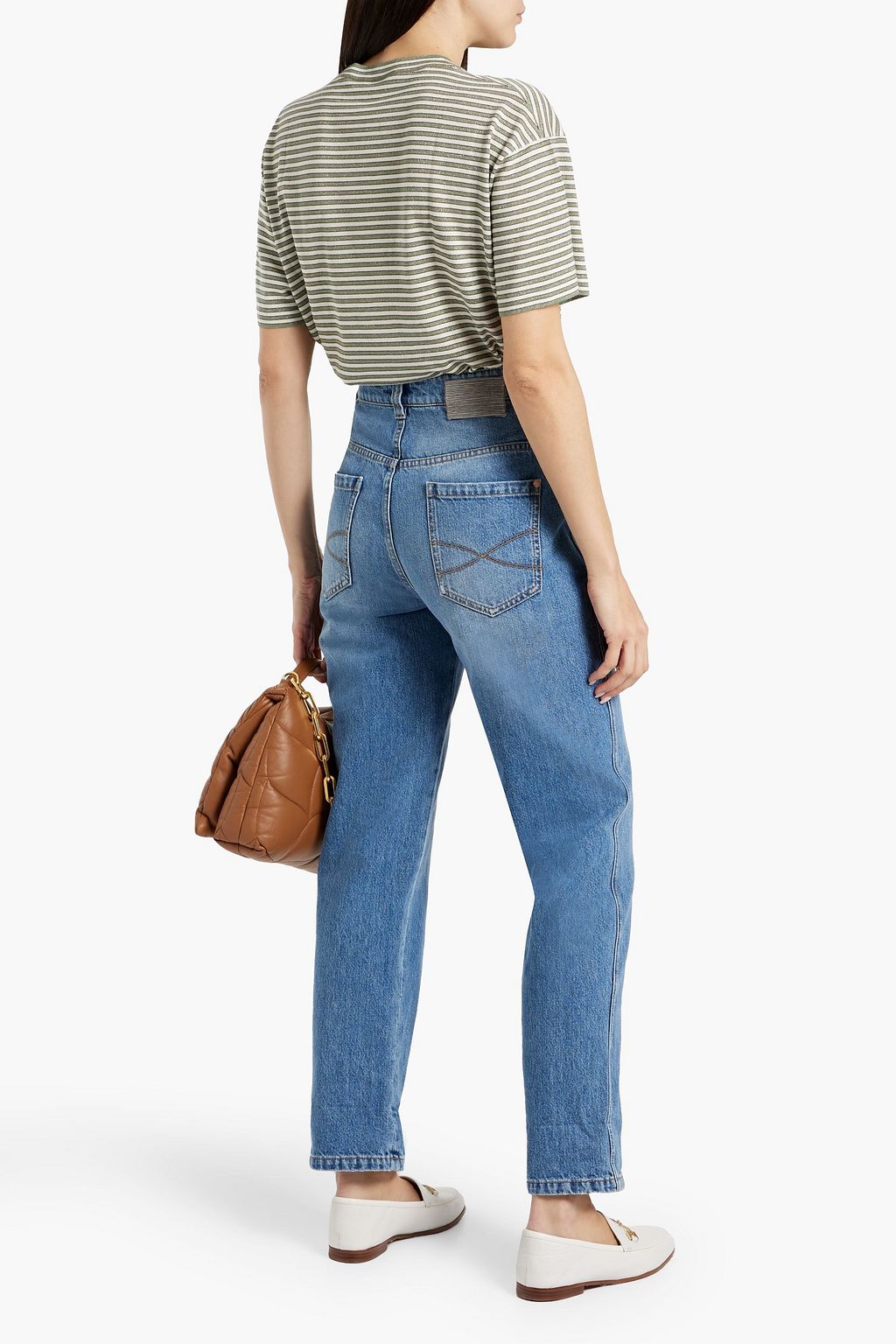 BRUNELLO CUCINELLI Bead-embellished striped cashmere-blend T-shirt