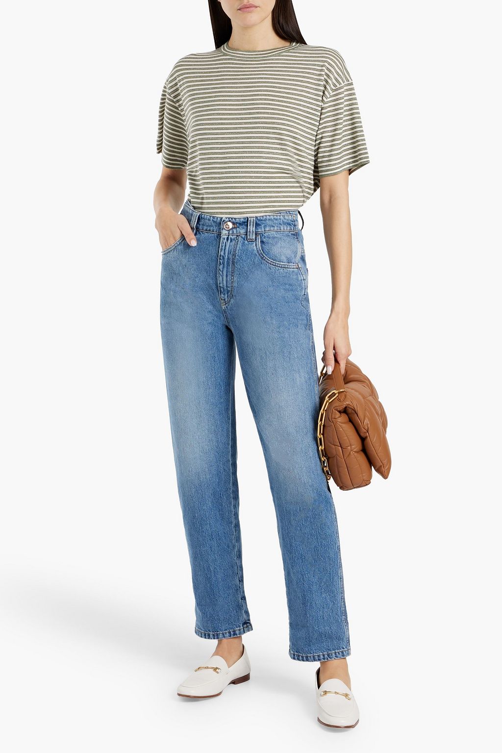 BRUNELLO CUCINELLI Bead-embellished striped cashmere-blend T-shirt