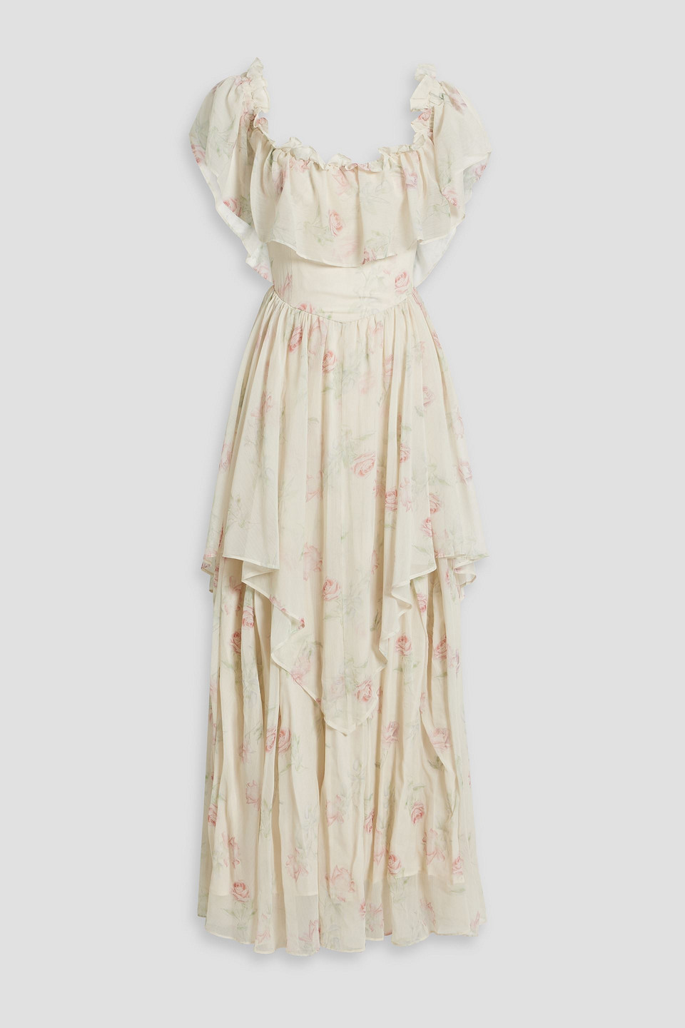 Loveshackfancy Noni Ruffled Floral-print Chiffon Maxi Dress In Ivory