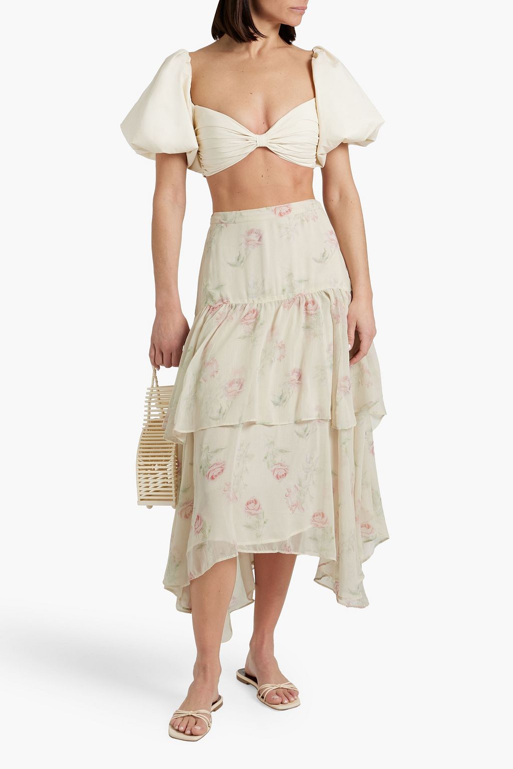 White ruffle floral midi skirt hotsell
