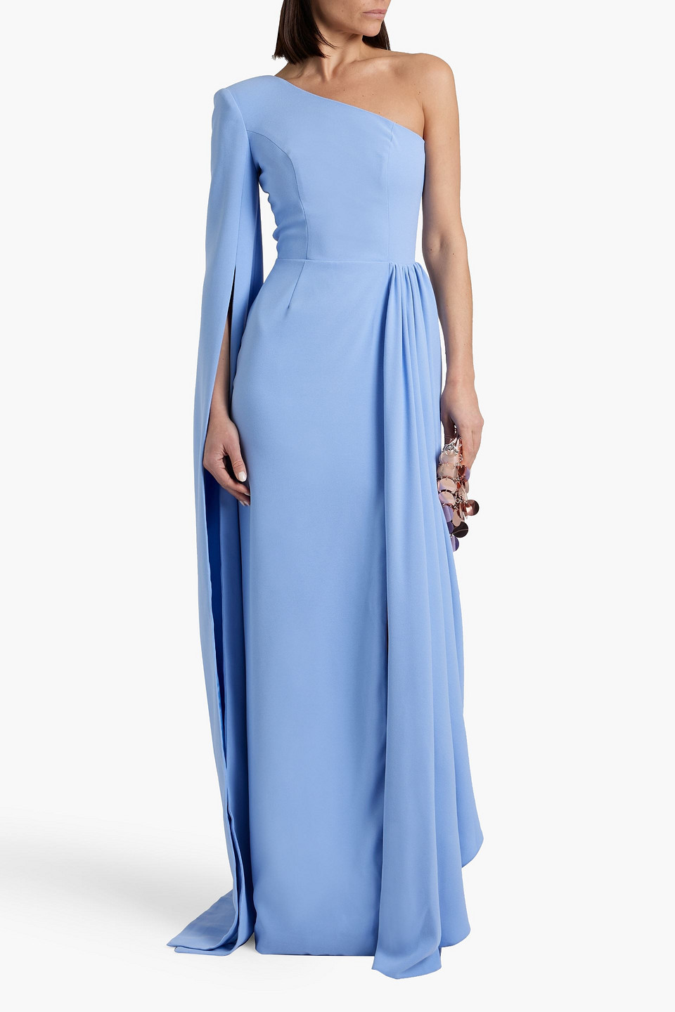 Shop Rhea Costa One-shoulder Draped Crepe Gown In Light Blue