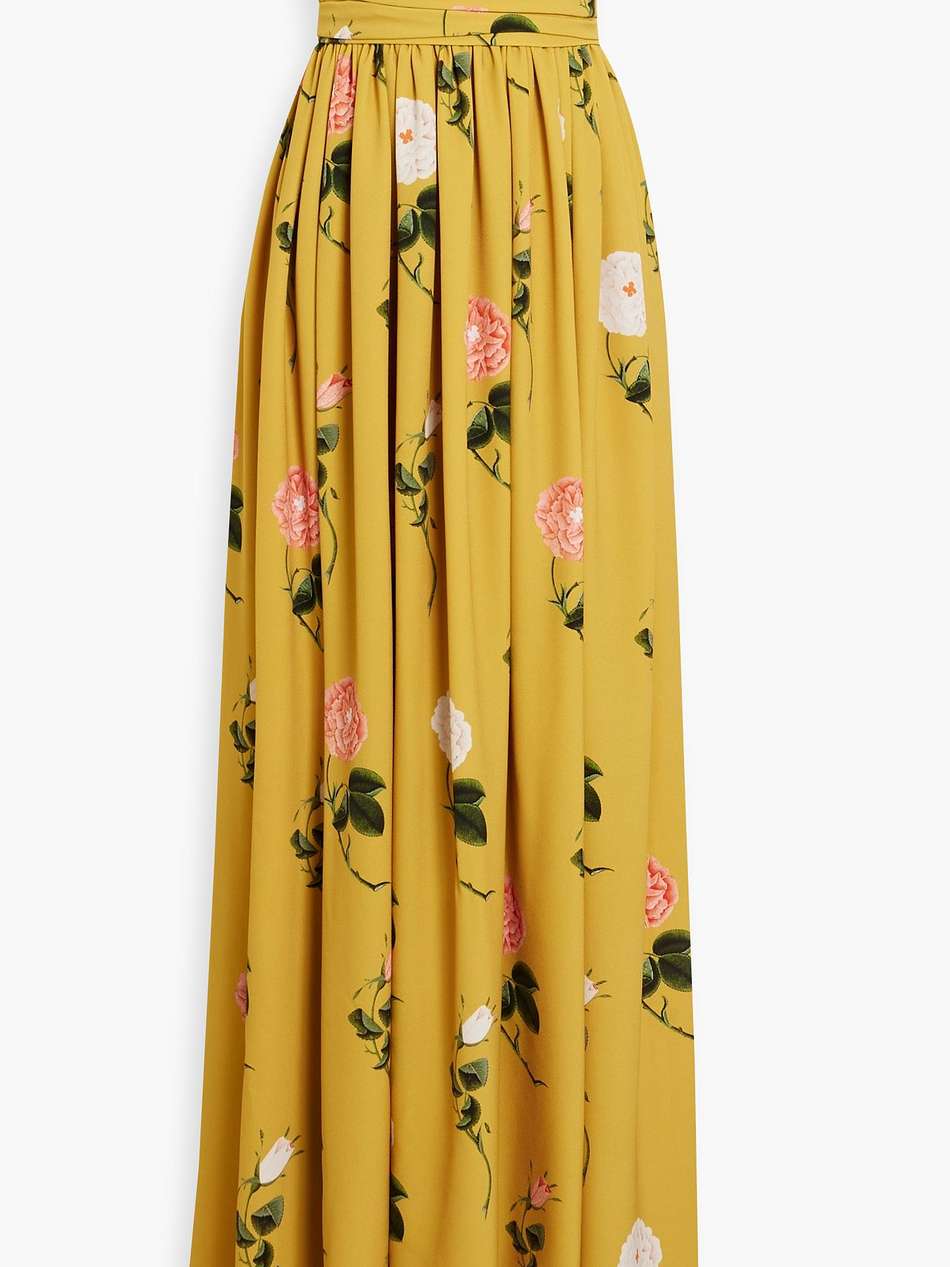 strapless floral-print crepe gown
