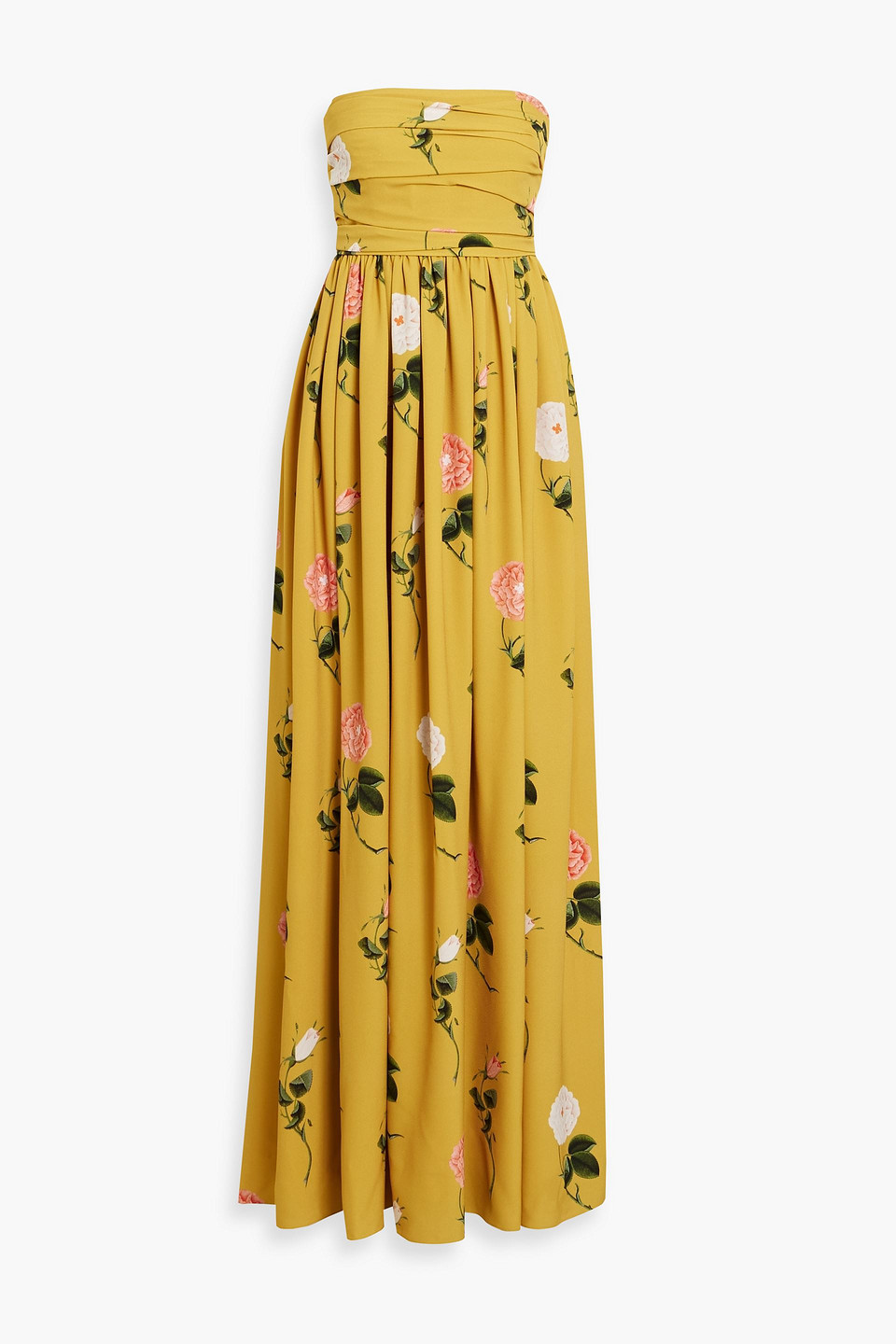 Oscar De La Renta Strapless Floral-print Crepe Gown In Mustard