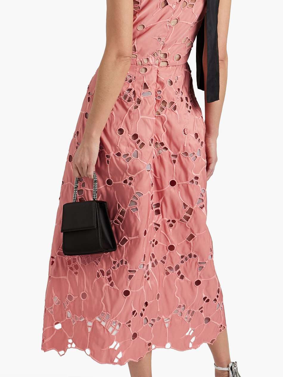 one-shoulder bow-detailed guipure lace midi dress
