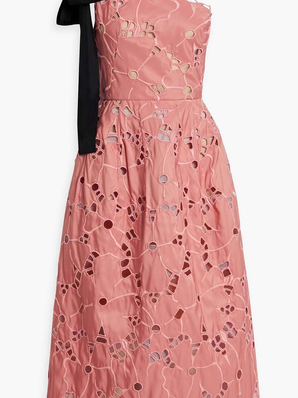 one-shoulder bow-detailed guipure lace midi dress