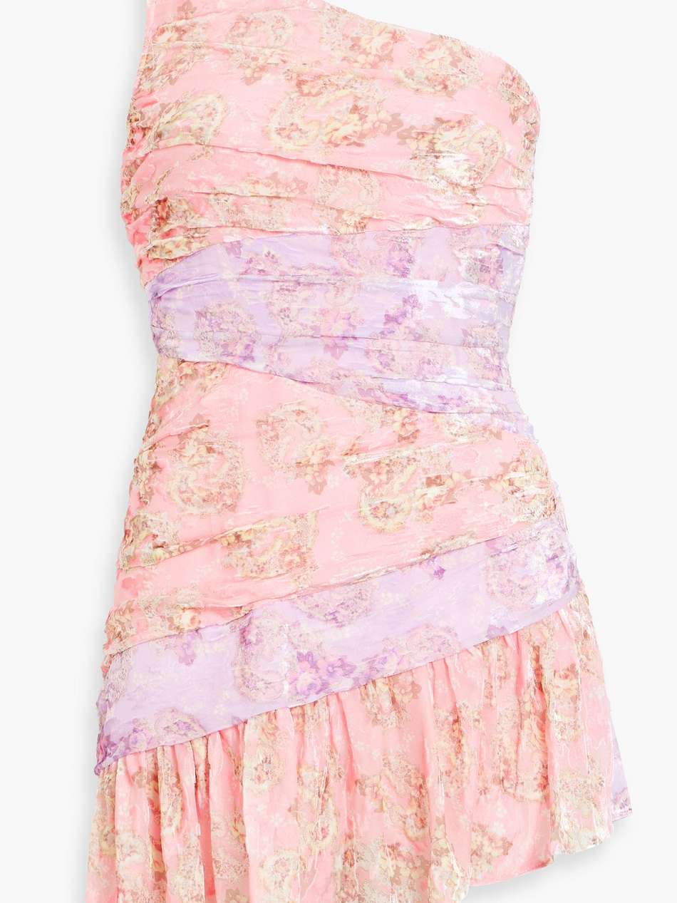 one-shoulder printed devoré-chiffon mini dress