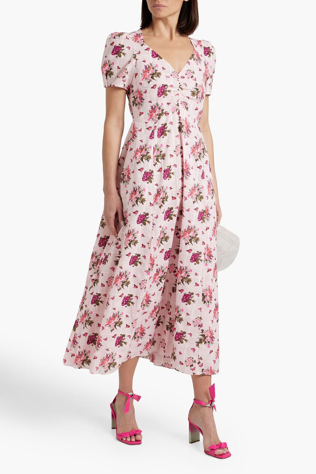 LOVESHACKFANCY Ruched printed cotton-jaquard midi dress