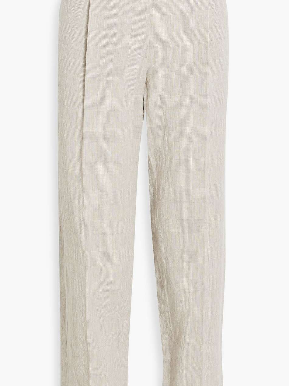 checked linen-jacquard straight-leg pants