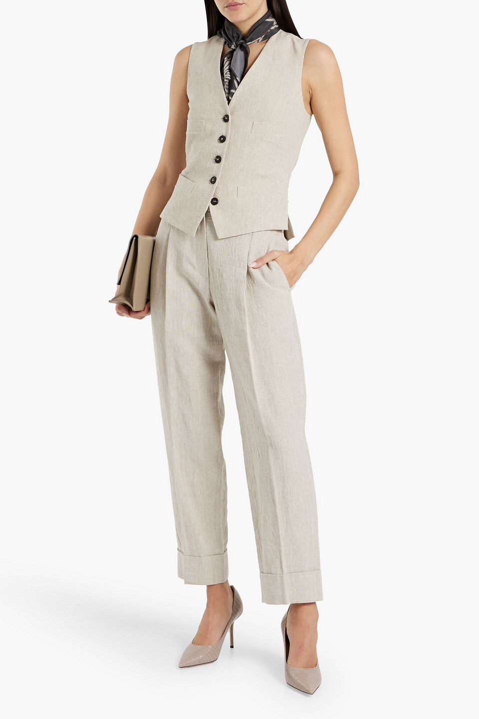 Shop Brunello Cucinelli Checked Linen-jacquard Straight-leg Pants In Beige