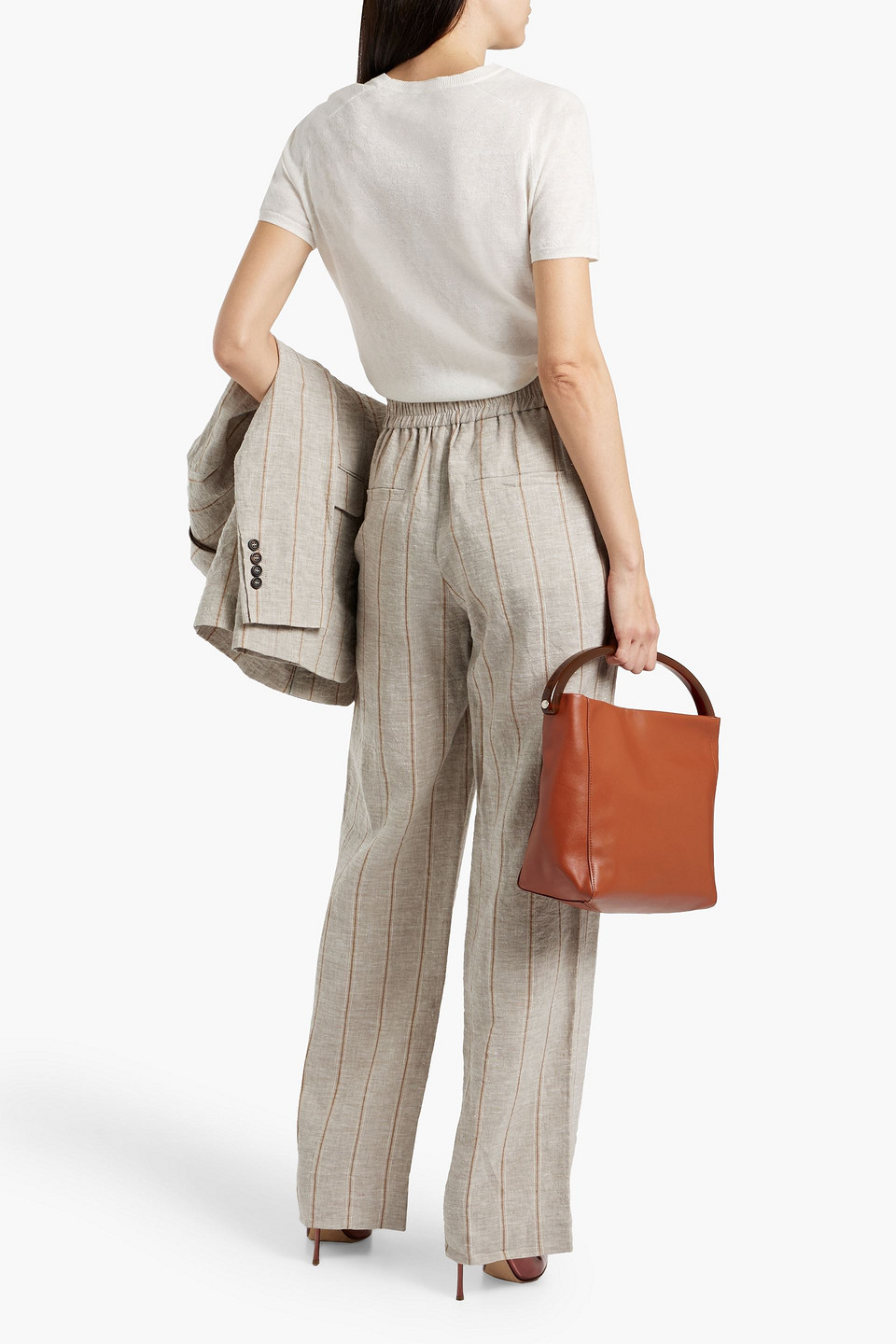 Shop Brunello Cucinelli Metallic Striped Linen Wide-leg Pants In Mushroom