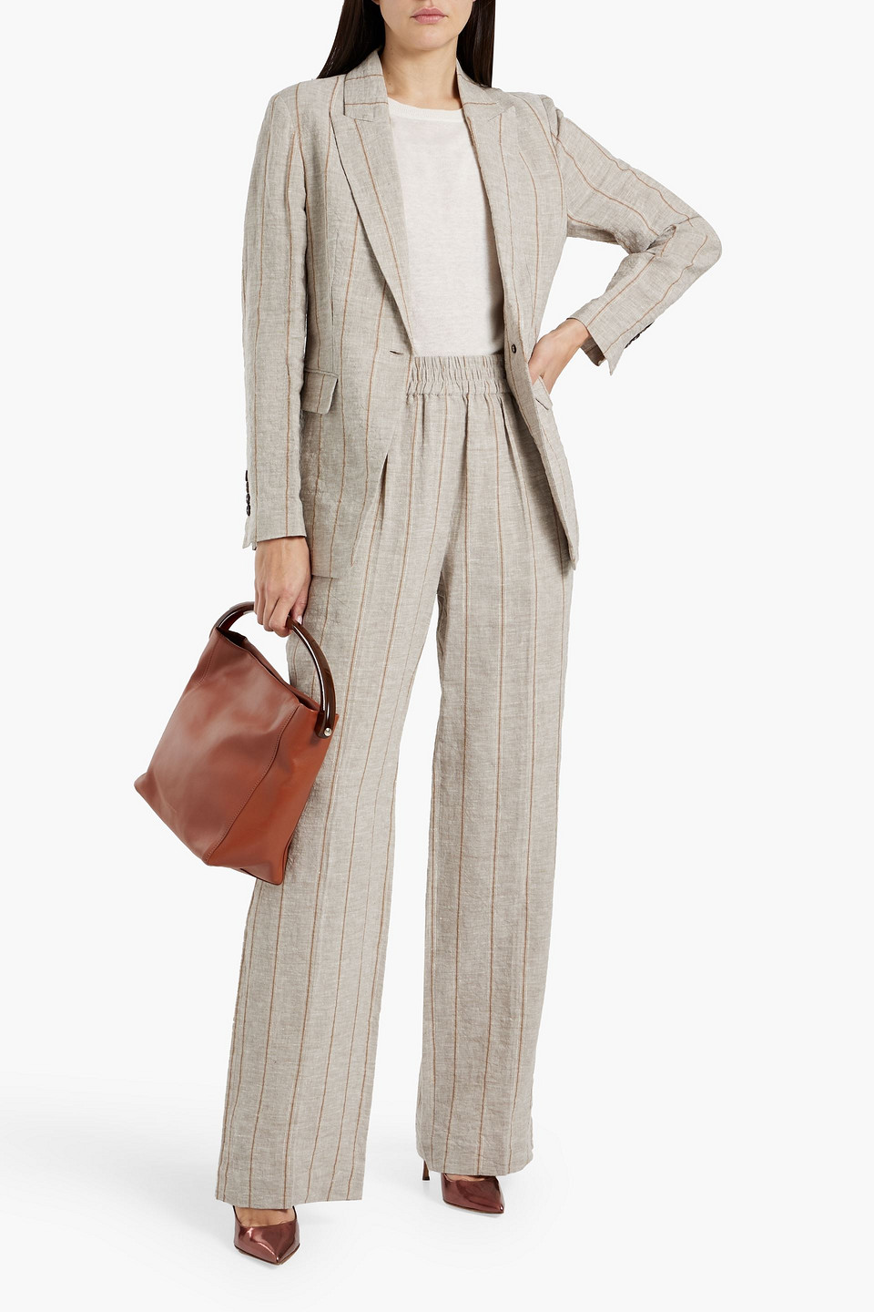 Shop Brunello Cucinelli Metallic Striped Linen Wide-leg Pants In Mushroom