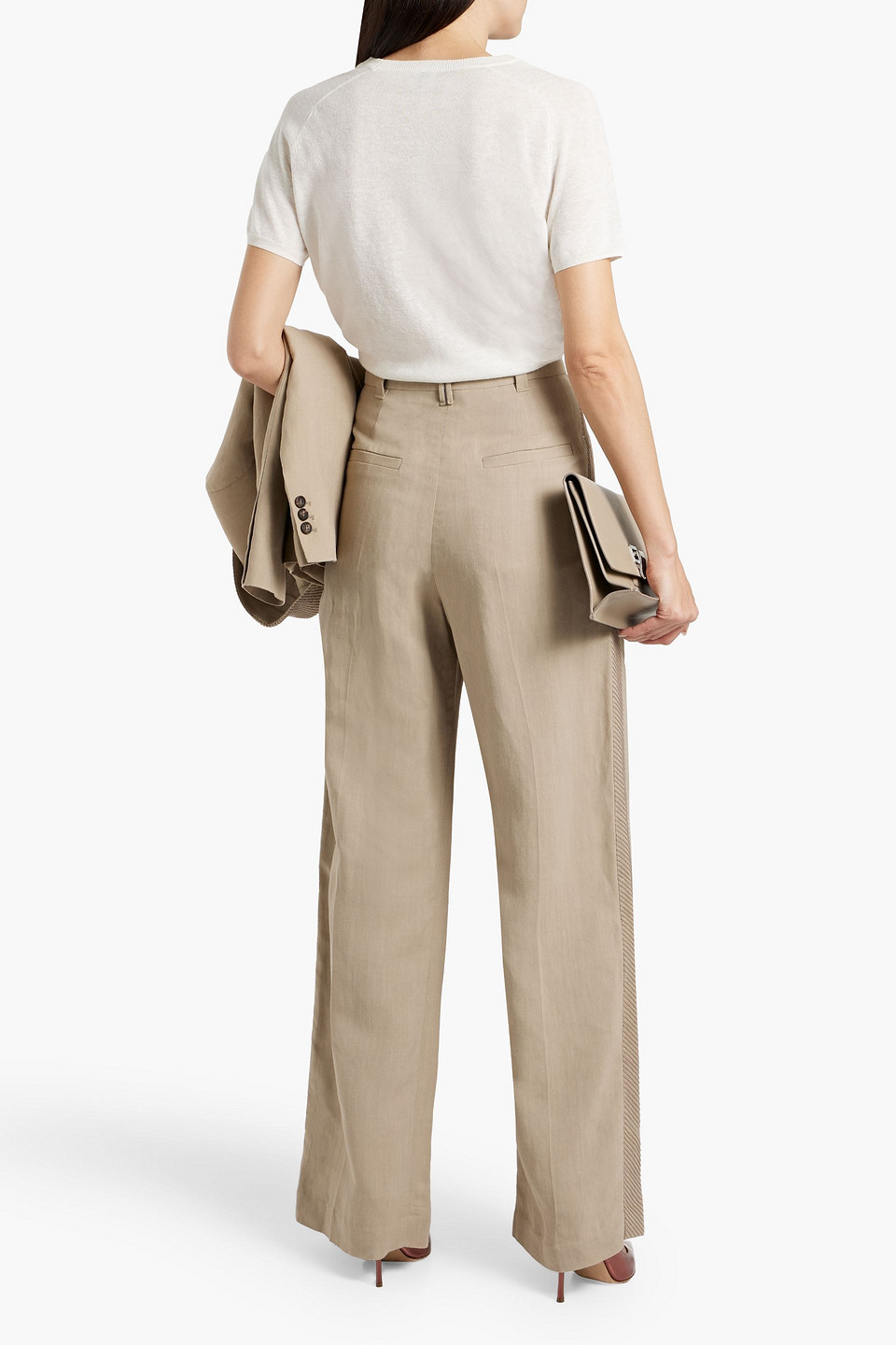 Shop Brunello Cucinelli Sequin-embellished Embroidered Twill Wide-leg Pants In Sand