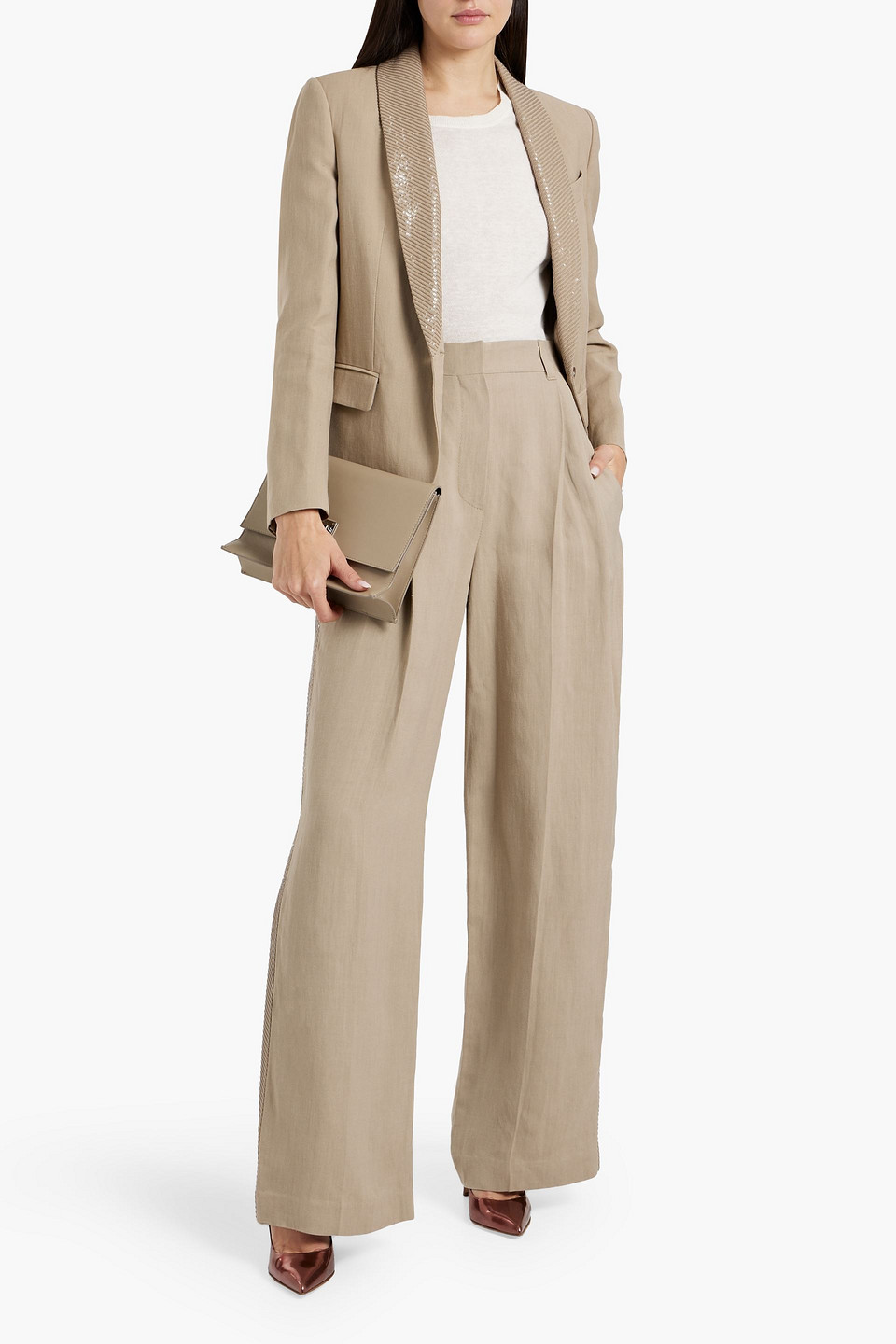 Brunello Cucinelli Sequin-embellished Embroidered Twill Wide-leg Pants In Sand