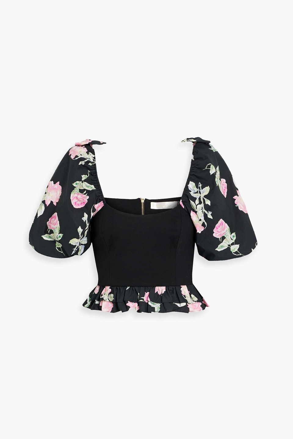 Loveshackfancy Spirit Cropped Floral-print Cotton-poplin And Stretch-jersey Top In Black