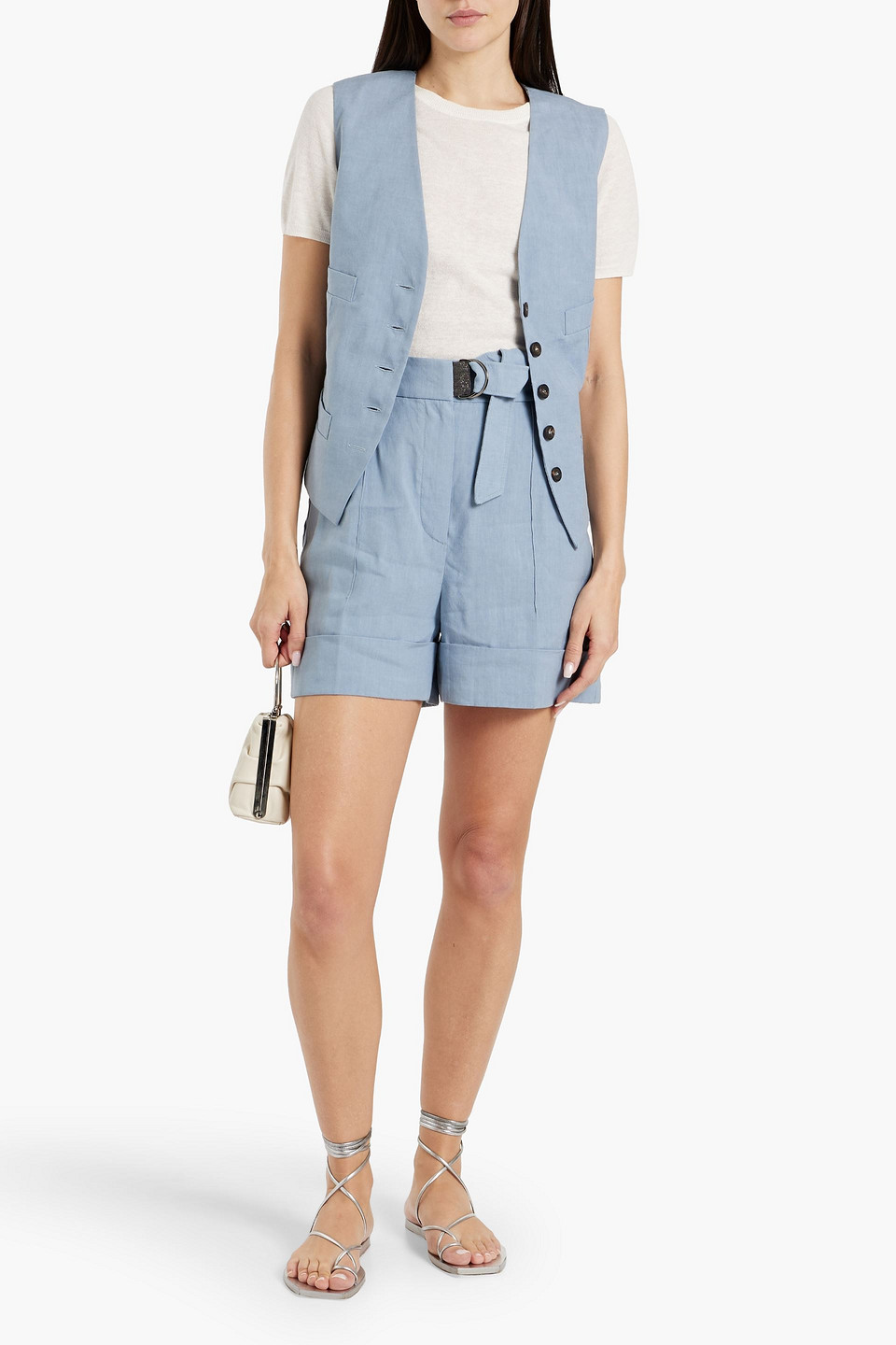 Shop Brunello Cucinelli Bead-embellished Linen-blend Shorts In Light Blue