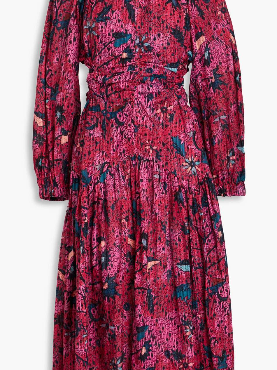 helia ruched printed cotton-blend midi dress