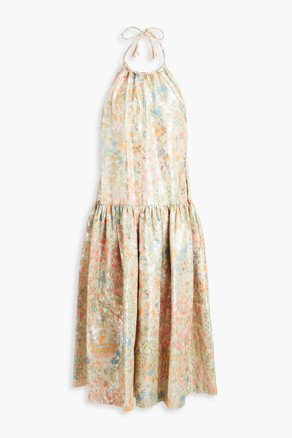 Ulla Johnson Tyra Floral-print Metallic Fil Coupé Halterneck Maxi Dress In Beige