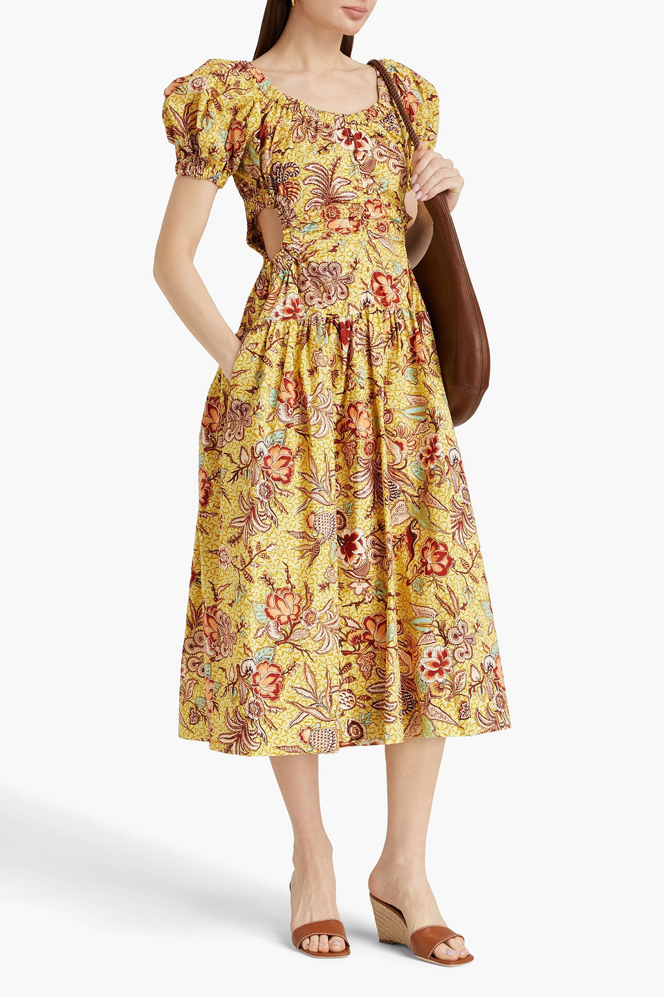 Shop Ulla Johnson Golda Cutout Printed Cotton-poplin Midi Dress In Ringelblumenfarben