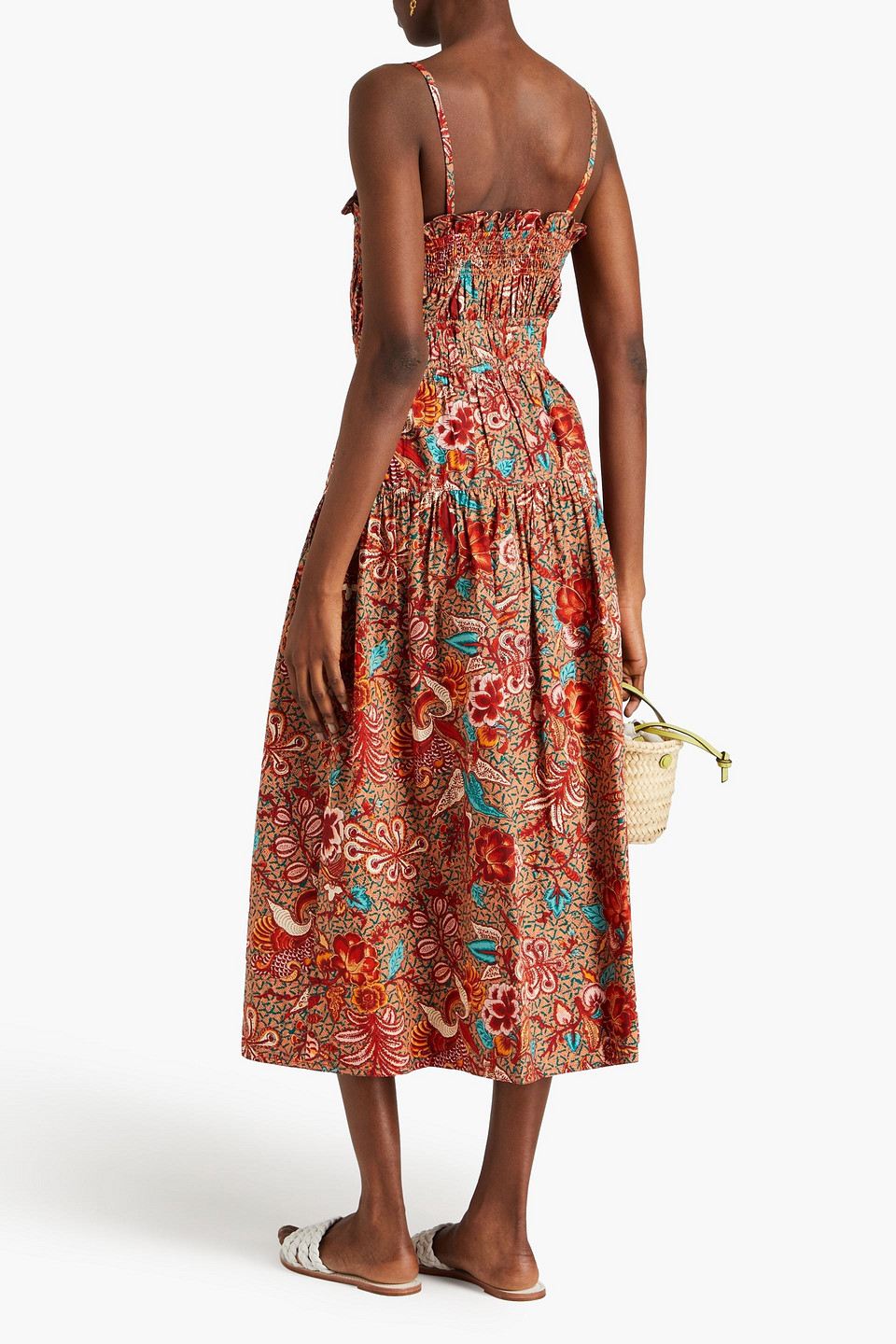 Shop Ulla Johnson Lisbet Floral-print Cotton-poplin Midi Dress In Brick