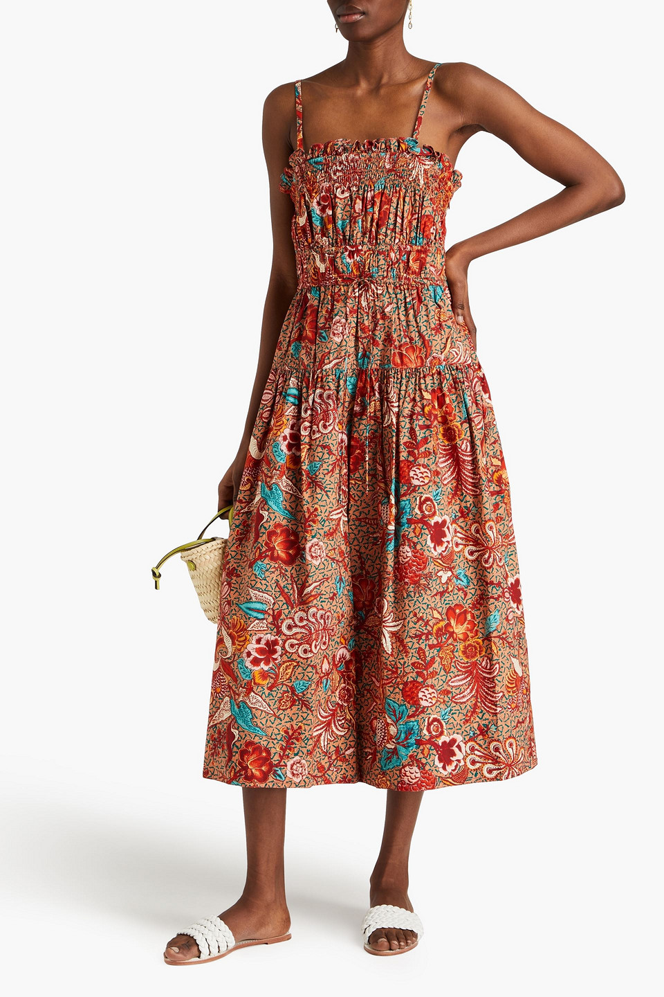 Shop Ulla Johnson Lisbet Floral-print Cotton-poplin Midi Dress In Brick