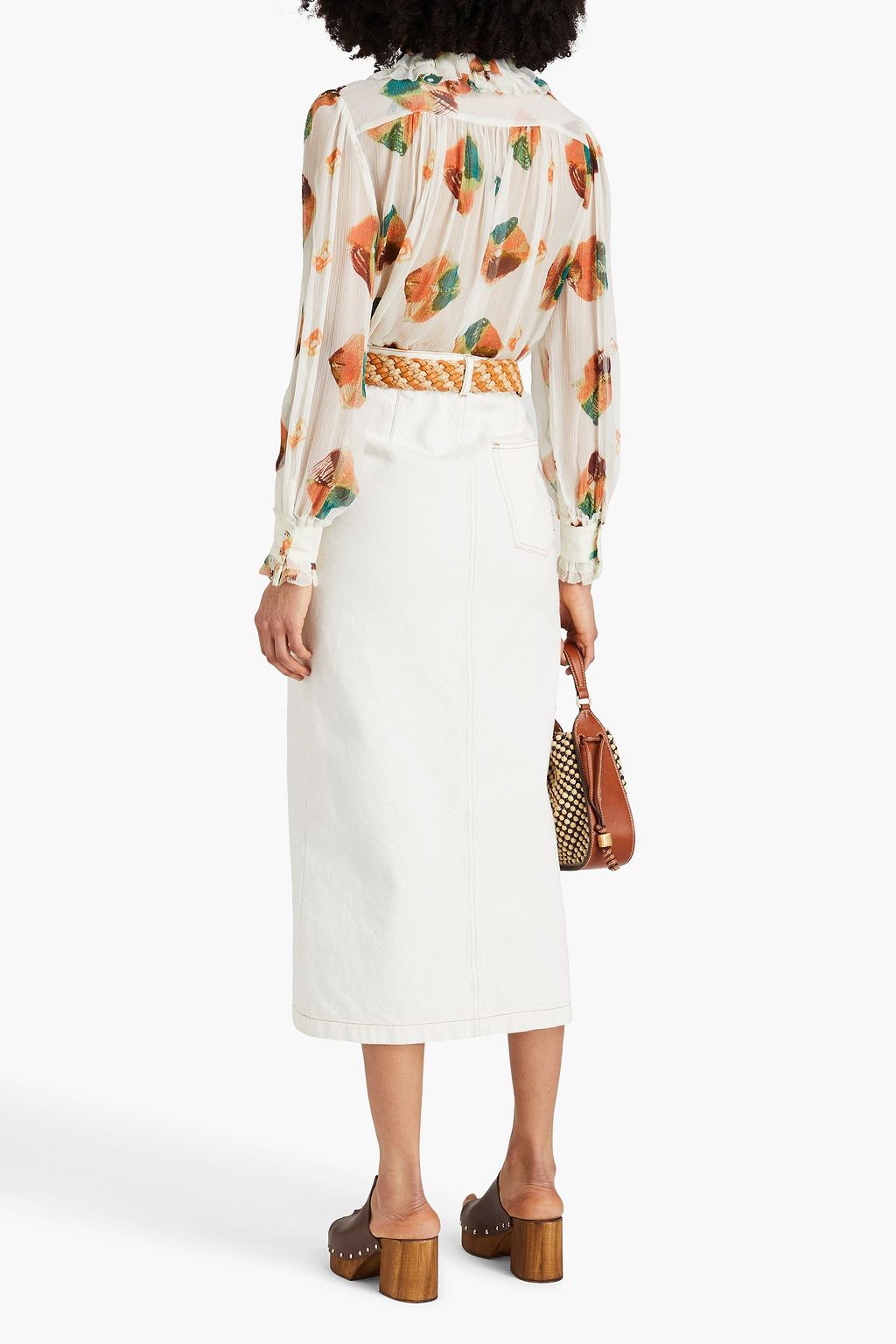 ULLA JOHNSON シルククレポン ブラウス ラッフル付き プリント入り