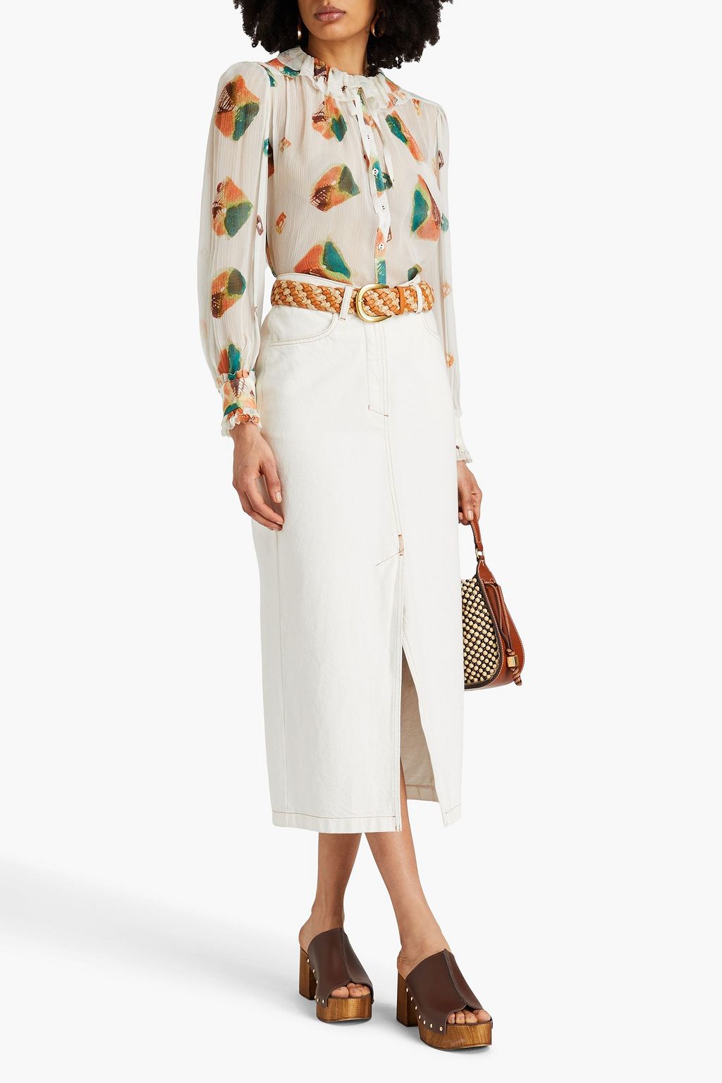 ULLA JOHNSON シルククレポン ブラウス ラッフル付き プリント入り