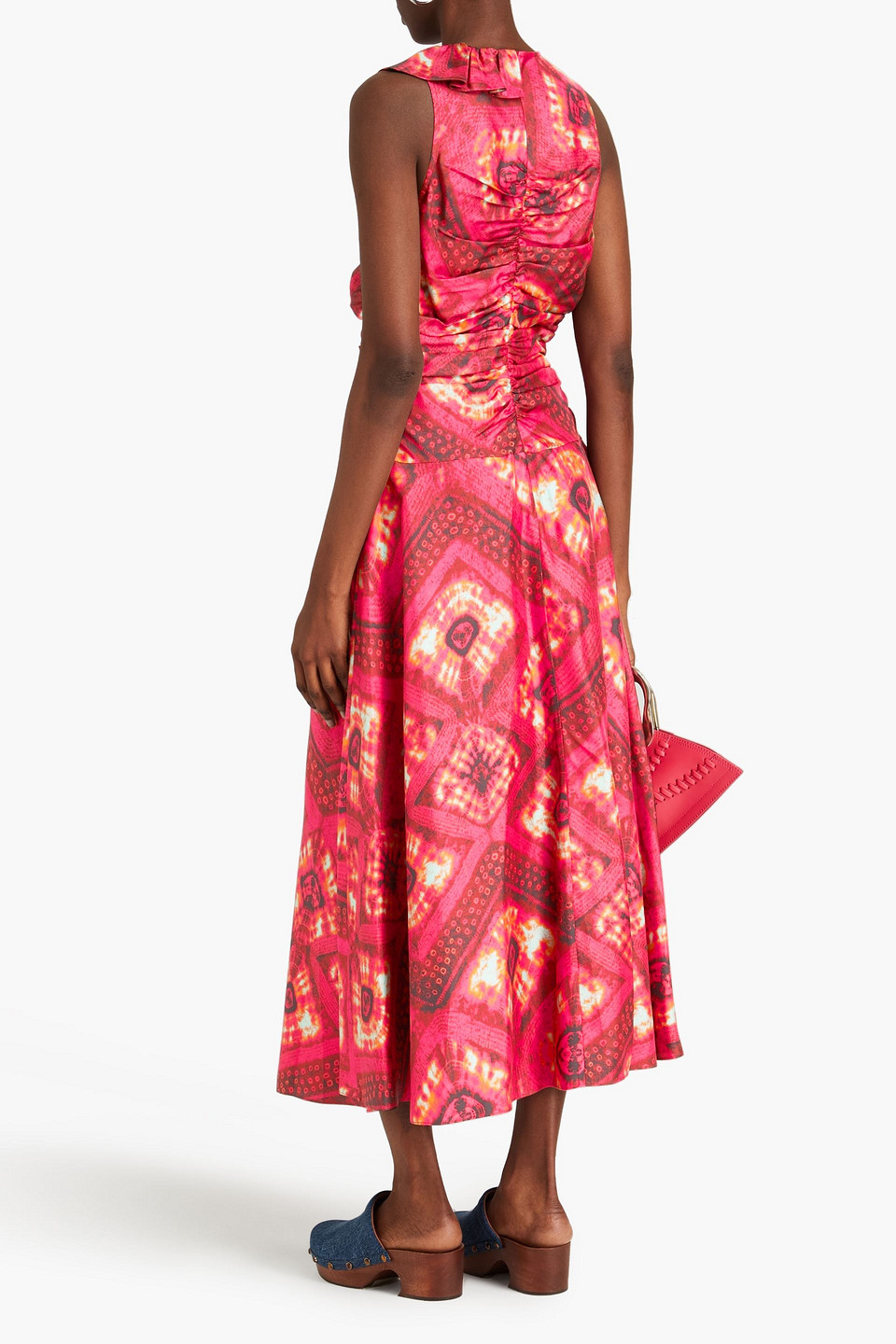 Shop Ulla Johnson Othella Ruffled Printed Silk-twill Midi Dress In Fuchsia