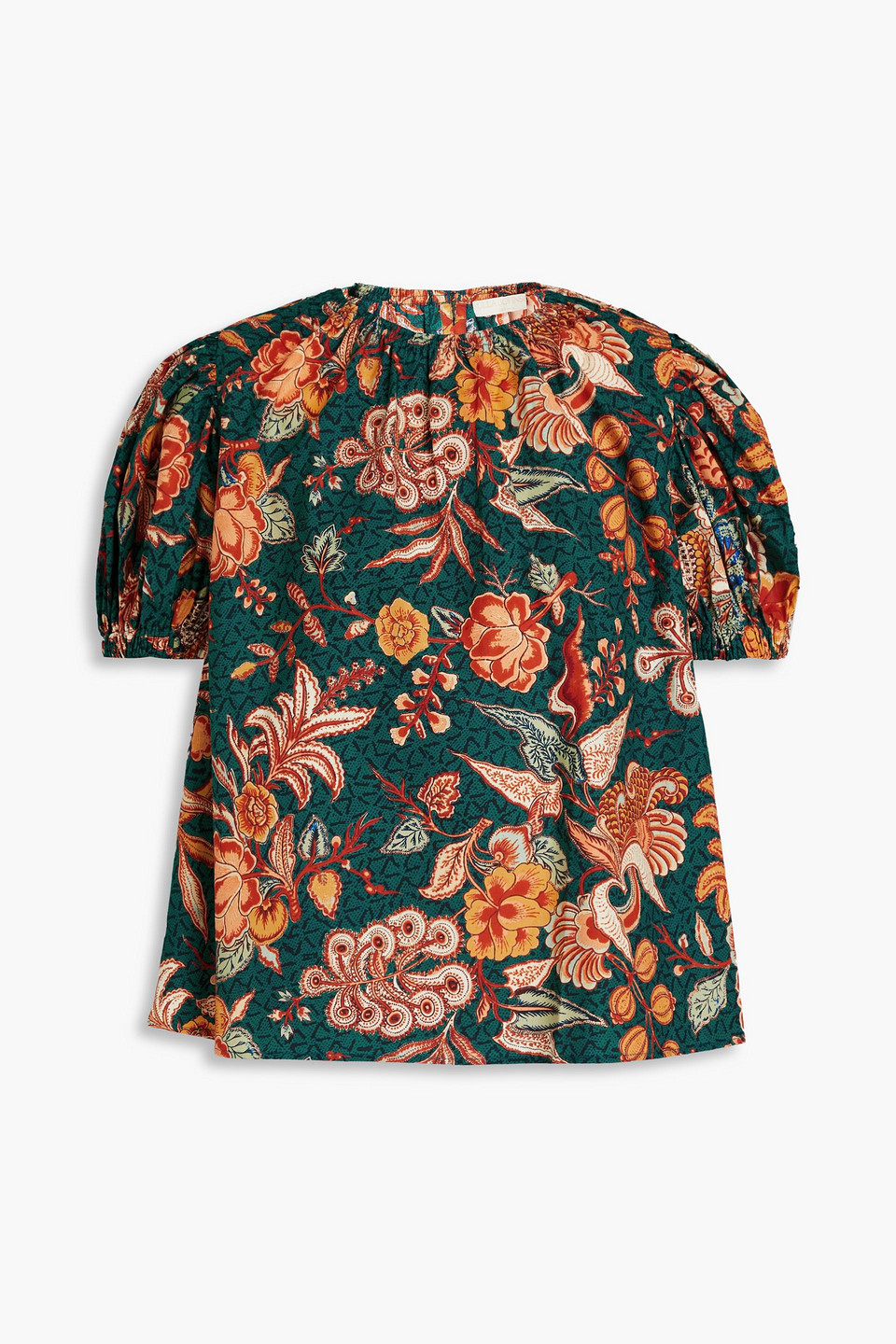 Ulla Johnson Frances Floral Silk Short Puff-sleeve Top In Teal