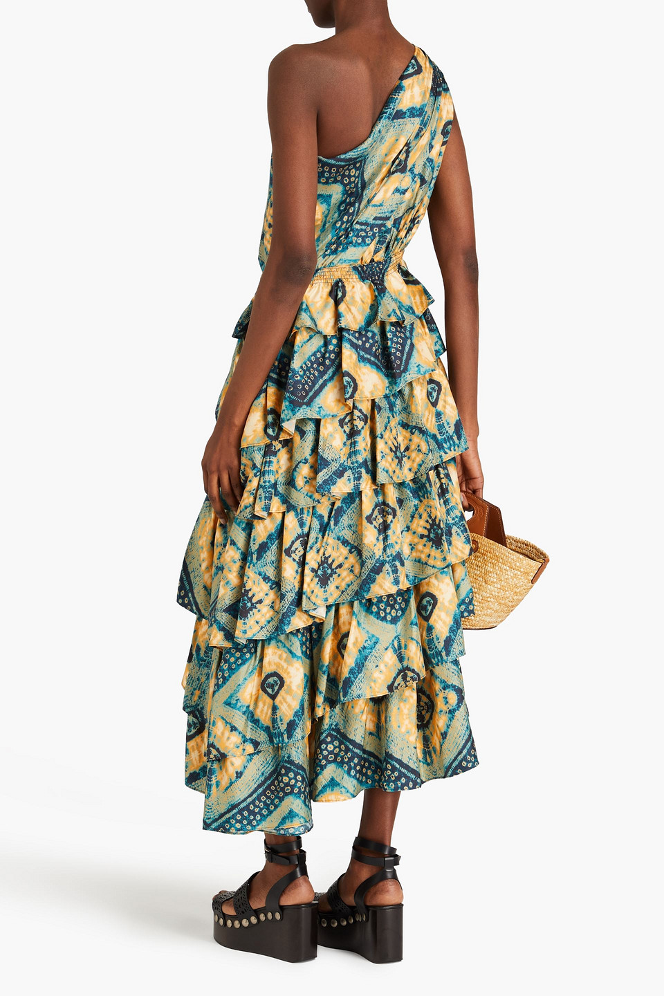 Shop Ulla Johnson Auryn One-shoulder Printed Silk-twill Midi Dress In Saffron