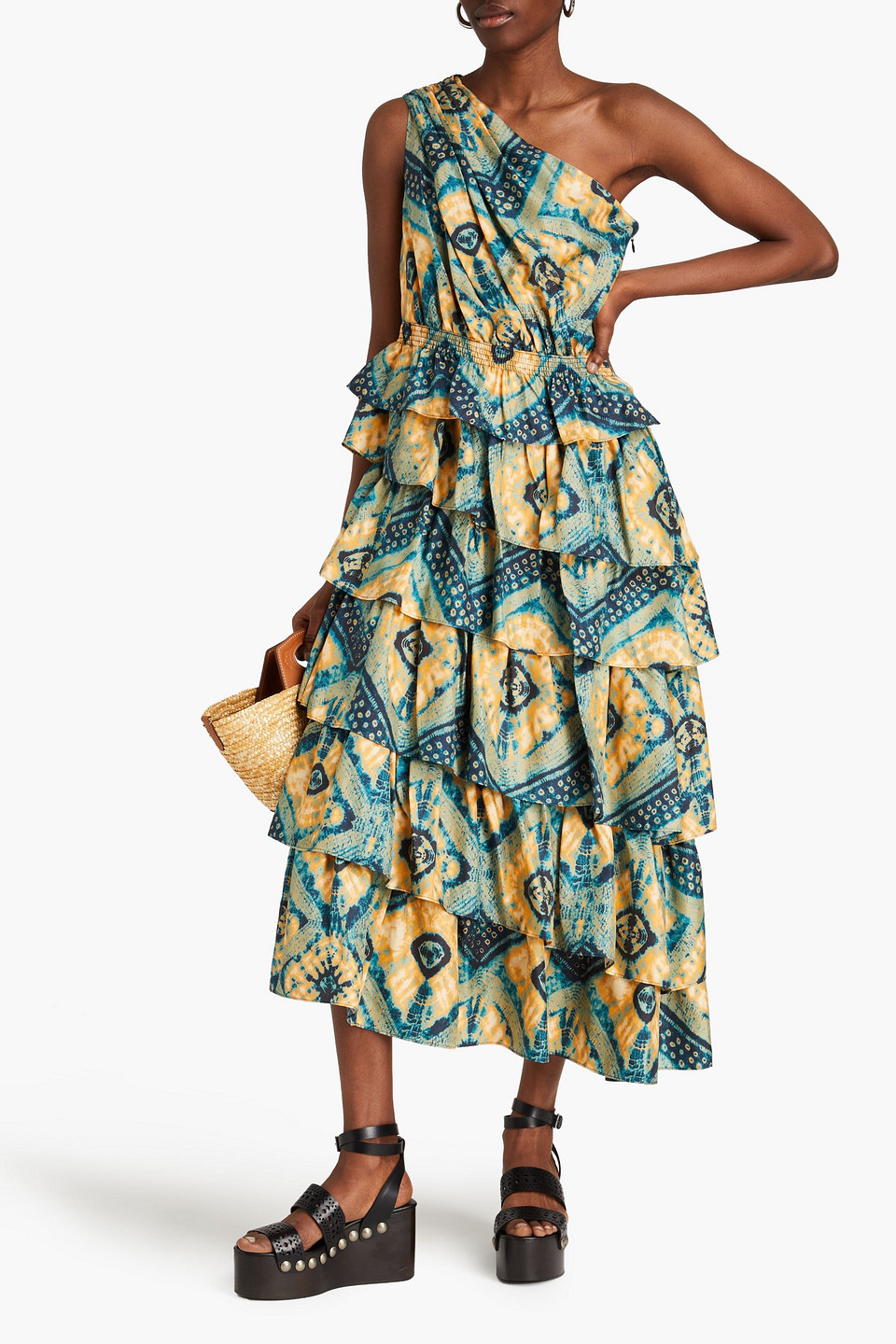 Shop Ulla Johnson Auryn One-shoulder Printed Silk-twill Midi Dress In Saffron