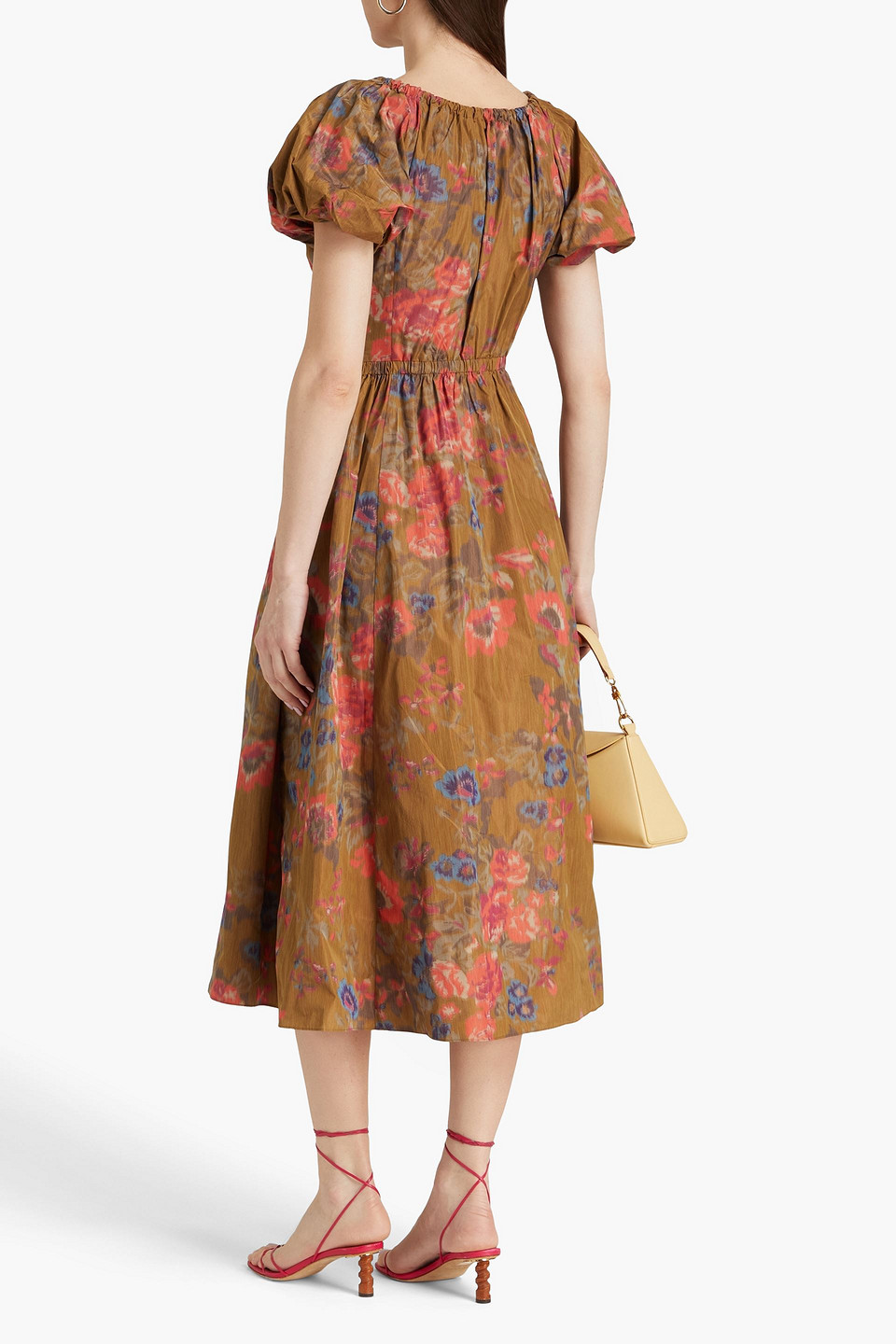 Shop Ulla Johnson Cecile Ruched Floral-print Taffeta Midi Dress In Braun